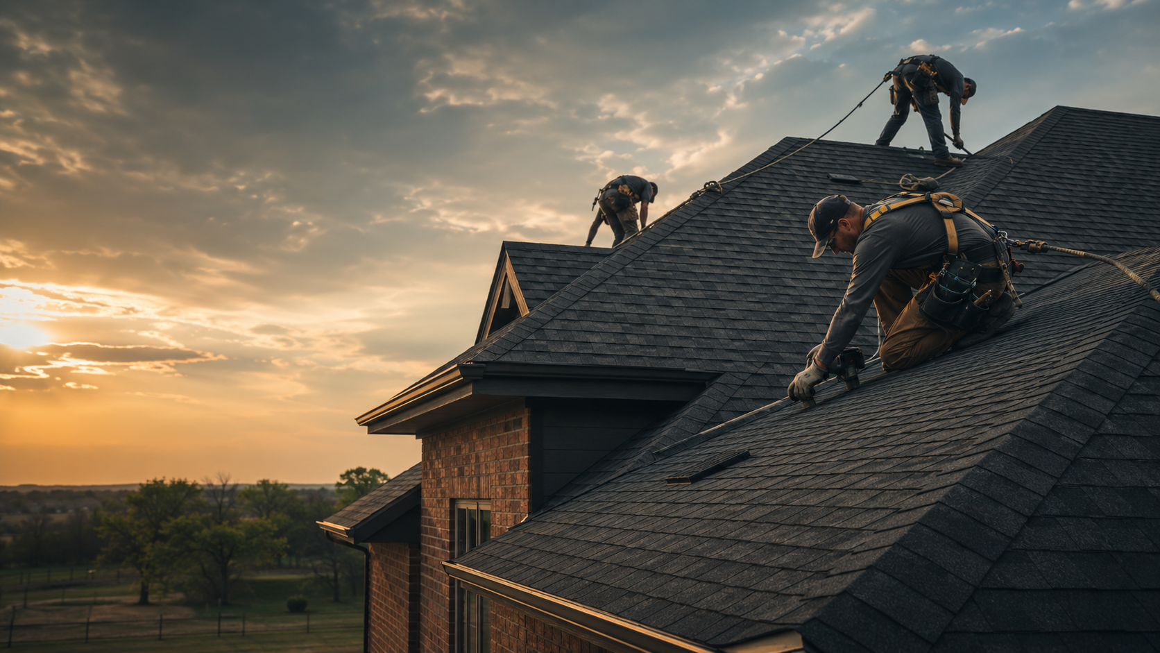Roofers installing architectural shingles